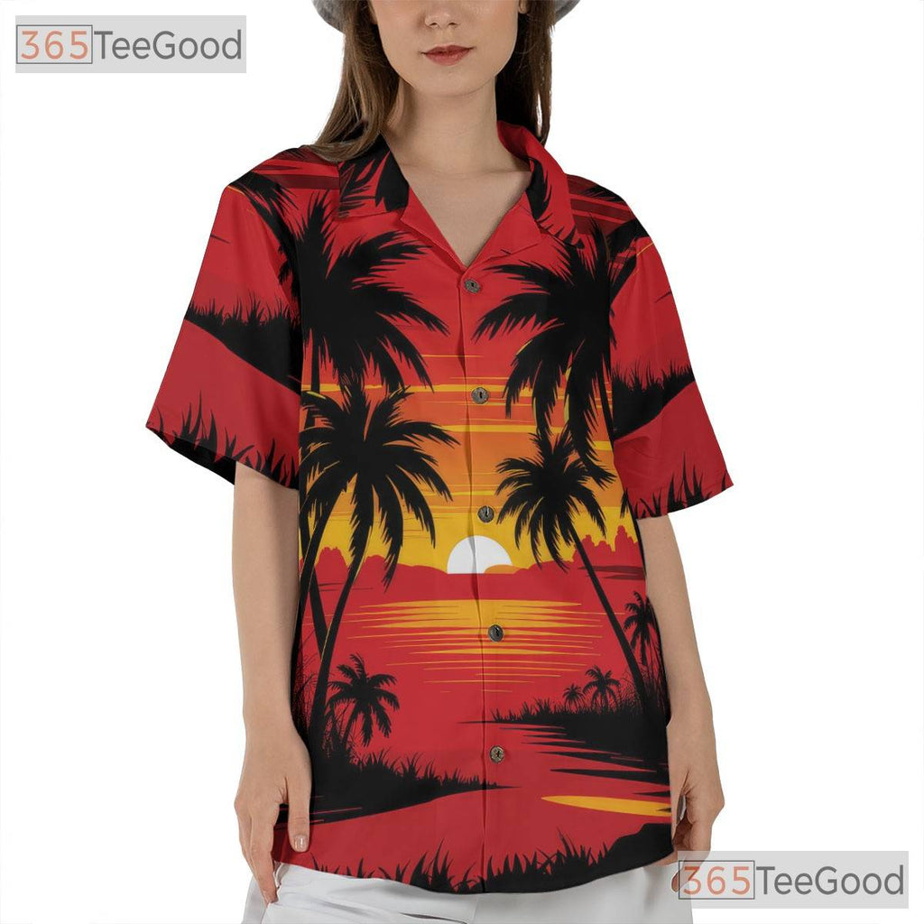 Palm Tree Sunset Hawaiian Tee for Adults - Tropical Beach Aloha Vibe Shirt