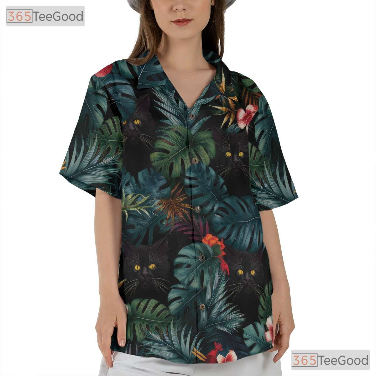 Blue Leaves Black Cat Hawaiian Tee - Tropical Jungle Aesthetic Unisex