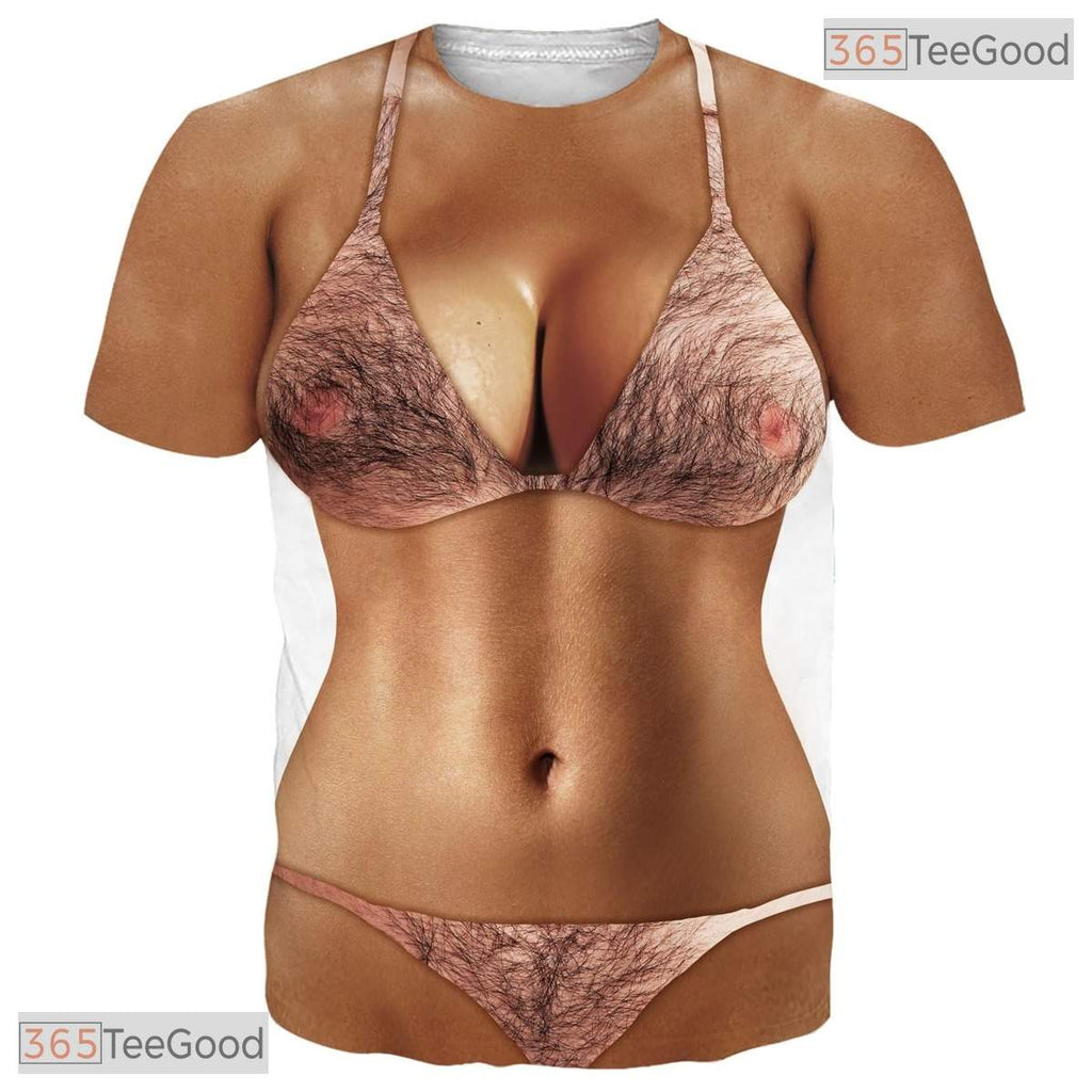 Funny Hairy Chest Bikini Faux Costume 3D Graphic Printed Casual Unisex Tee Shirt