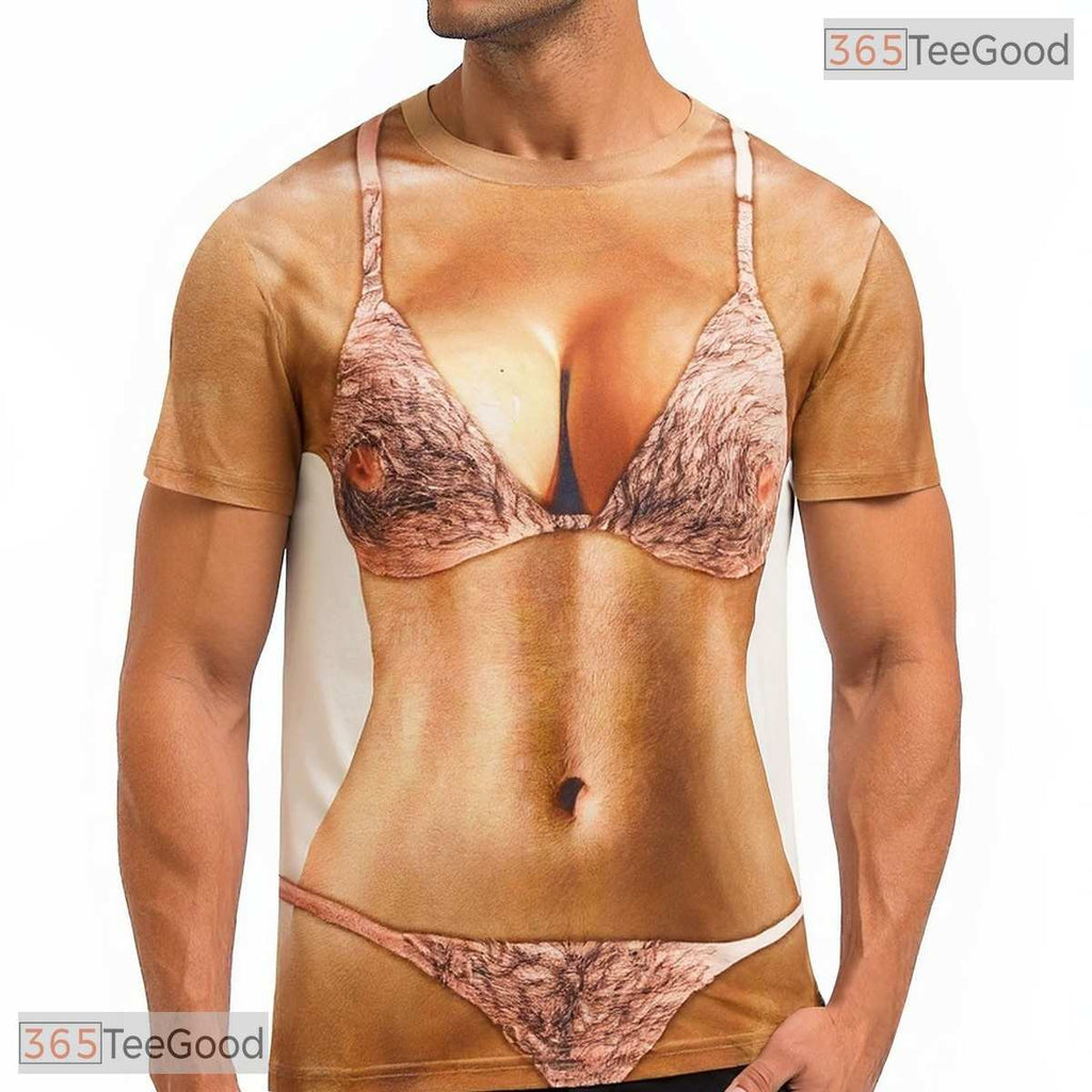 Funny Hairy Chest Bikini Faux Costume 3D Graphic Printed Casual Unisex Tee Shirt