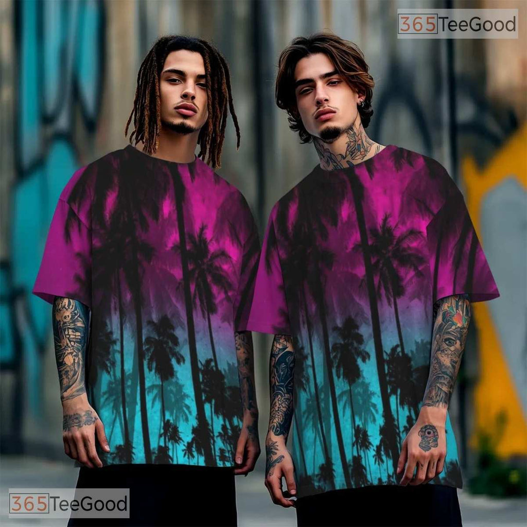 Tropical Hawaiian Coconut Tree Beach Graphic 3D Printed Casual Unisex T-Shirt