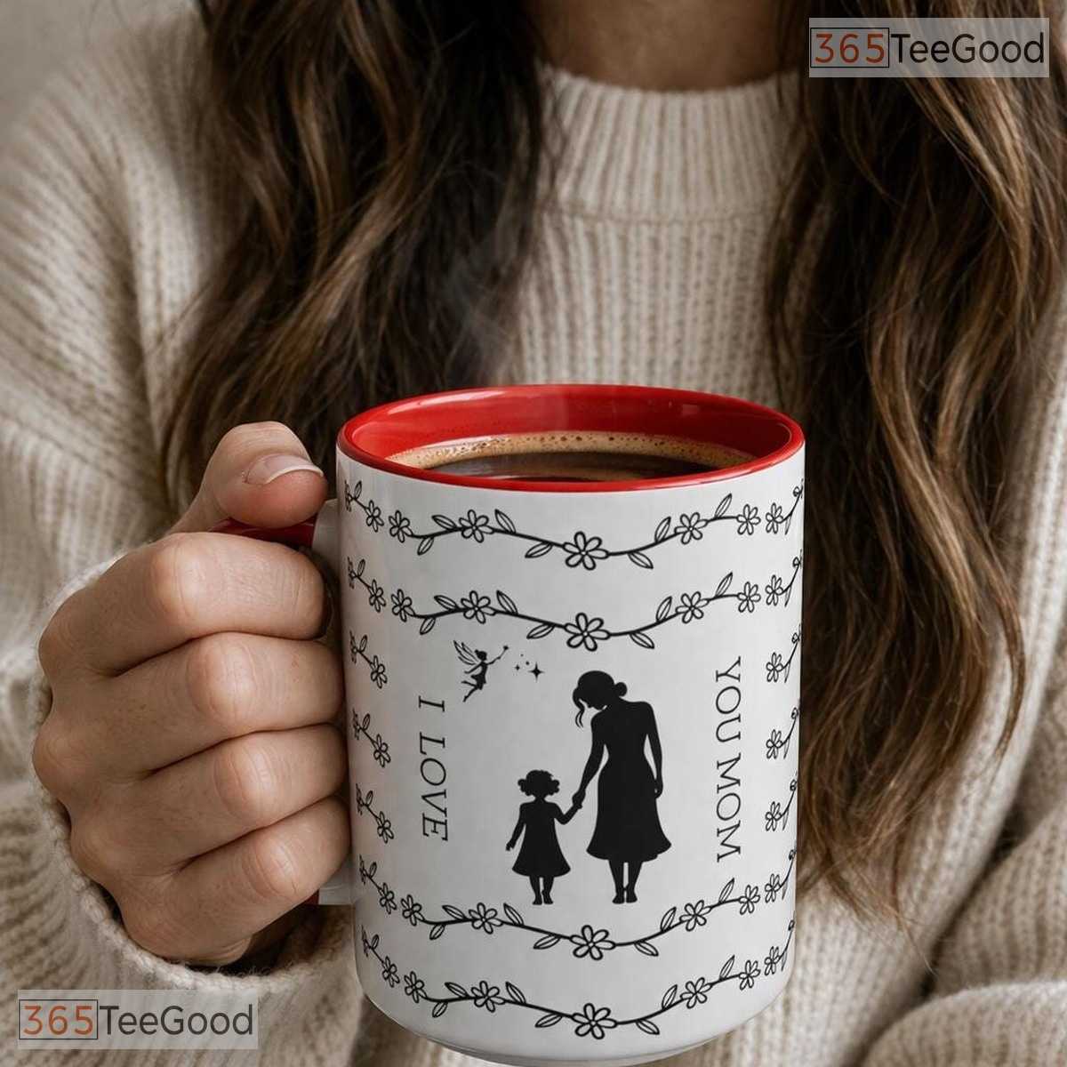 Personalized Mother And Child Silhouette Mug - I Love You Mom Floral Ceramic Accent Mug