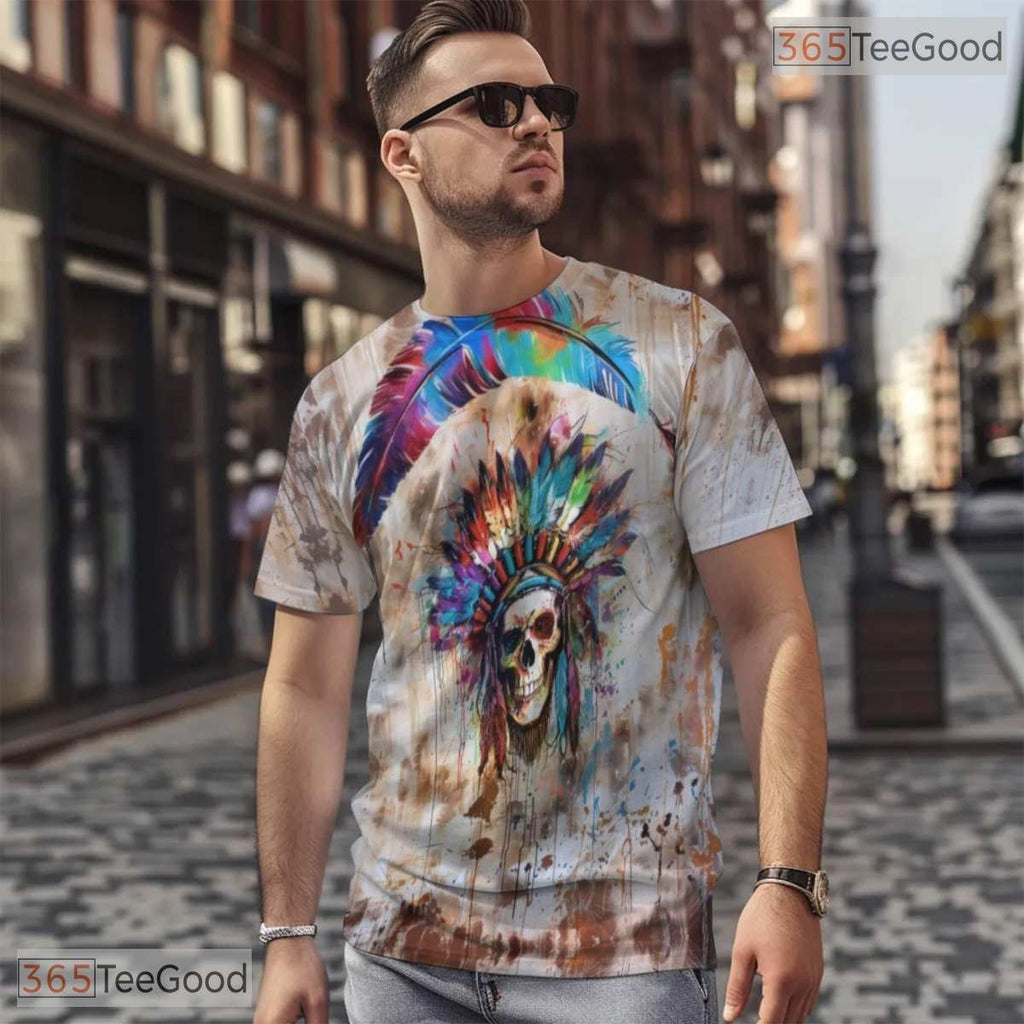 Native Skeleton Headdress Graphic 3D Pattern Printed Casual Unisex T-Shirt Tops