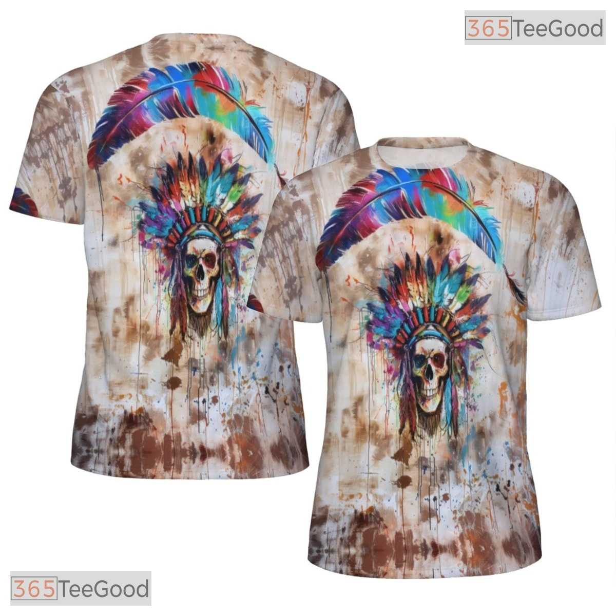 Native Skeleton Headdress Graphic 3D Pattern Printed Casual Unisex T-Shirt Tops