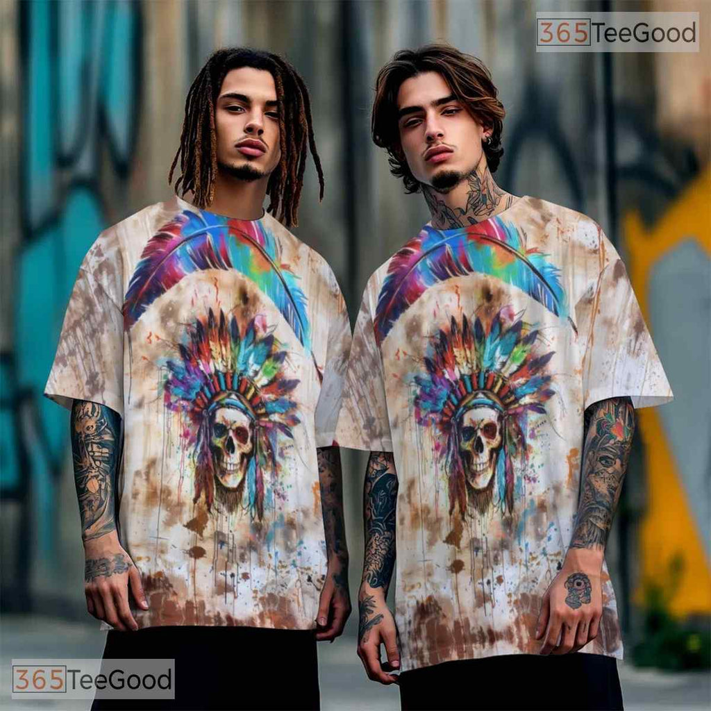 Native Skeleton Headdress Graphic 3D Pattern Printed Casual Unisex T-Shirt Tops