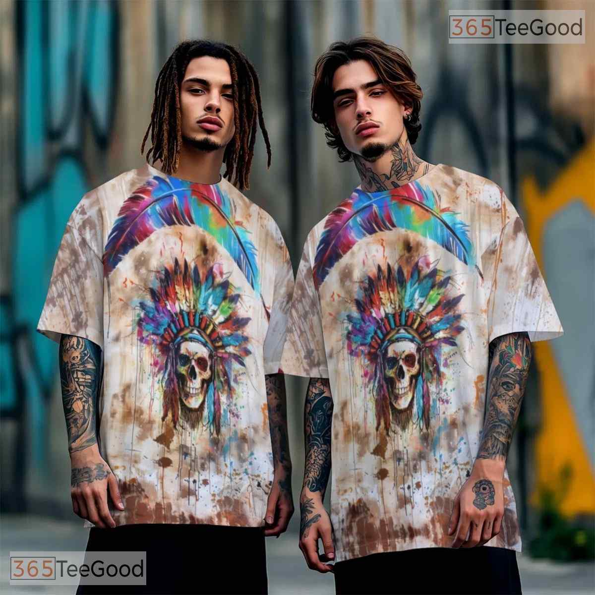 Native Skeleton Headdress Graphic 3D Pattern Printed Casual Unisex T-Shirt Tops