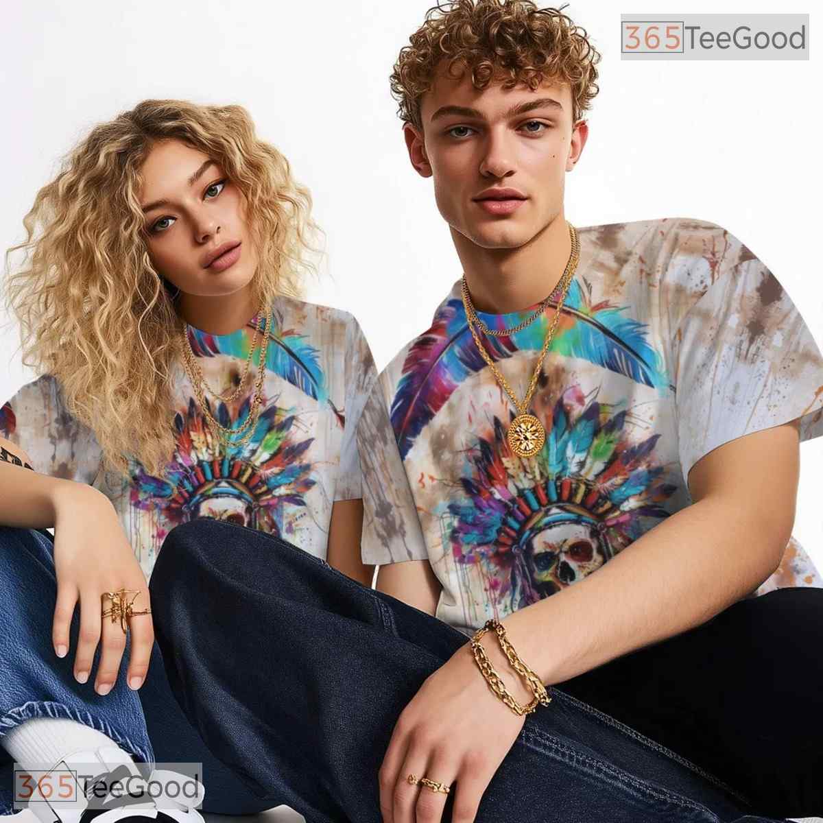 Native Skeleton Headdress Graphic 3D Pattern Printed Casual Unisex T-Shirt Tops