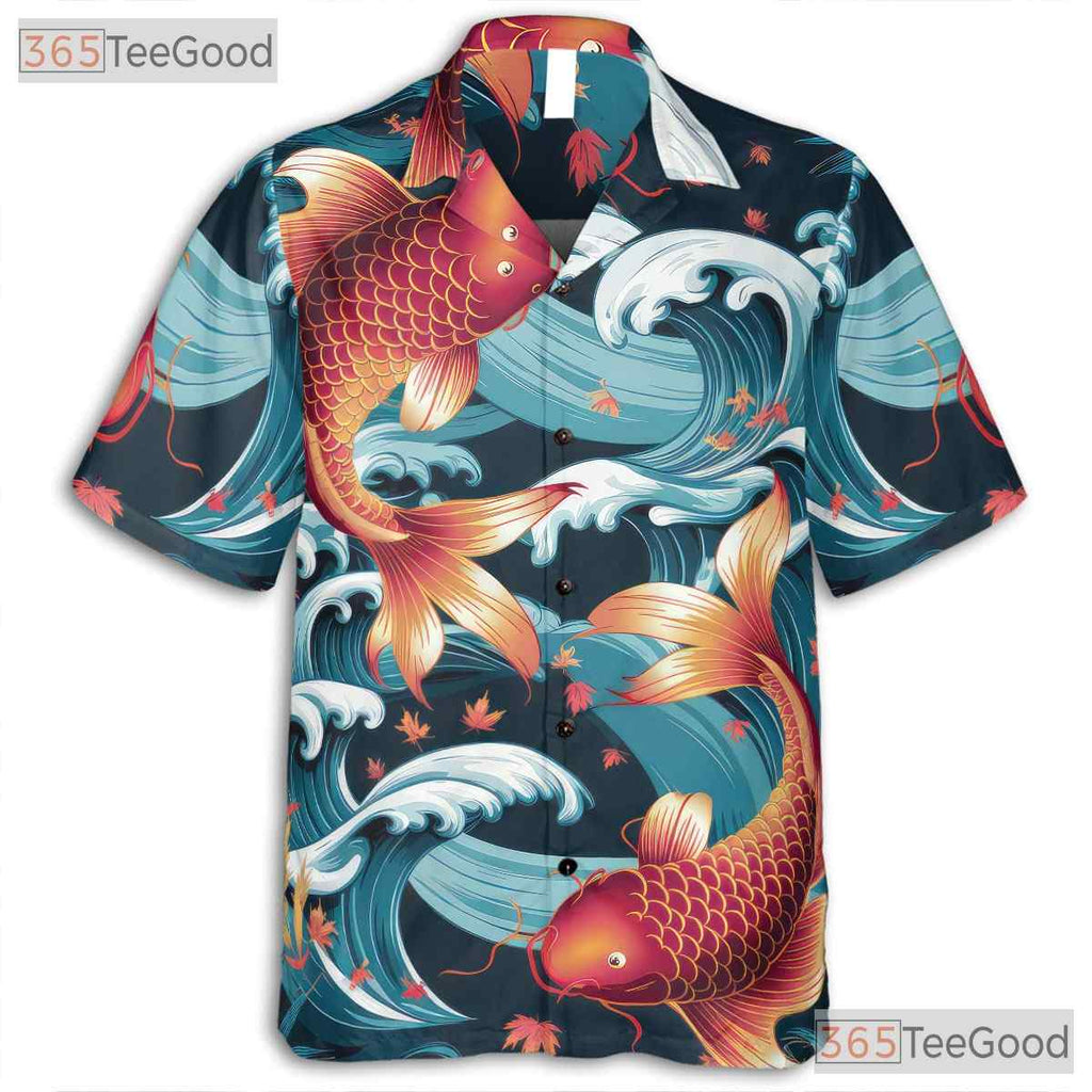 Japanese Koi Fish Hawaiian Shirt - Men's Traditional Wave Art Aloha Tee