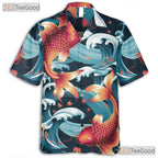 Japanese Koi Fish Hawaiian Shirt - Men's Traditional Wave Art Aloha Tee