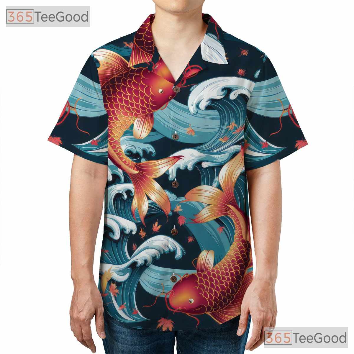 Japanese Koi Fish Hawaiian Shirt - Men's Traditional Wave Art Aloha Tee