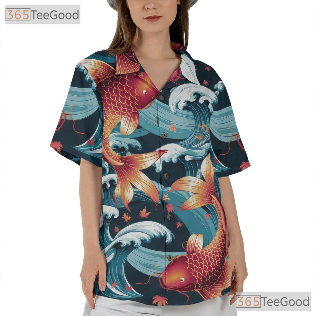 Japanese Koi Fish Hawaiian Shirt - Men's Traditional Wave Art Aloha Tee