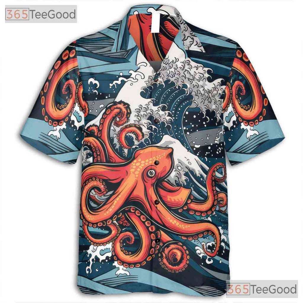 Japanese Wave Ocean Octopus Hawaiian Tee Unisex Print for Beach Festivals