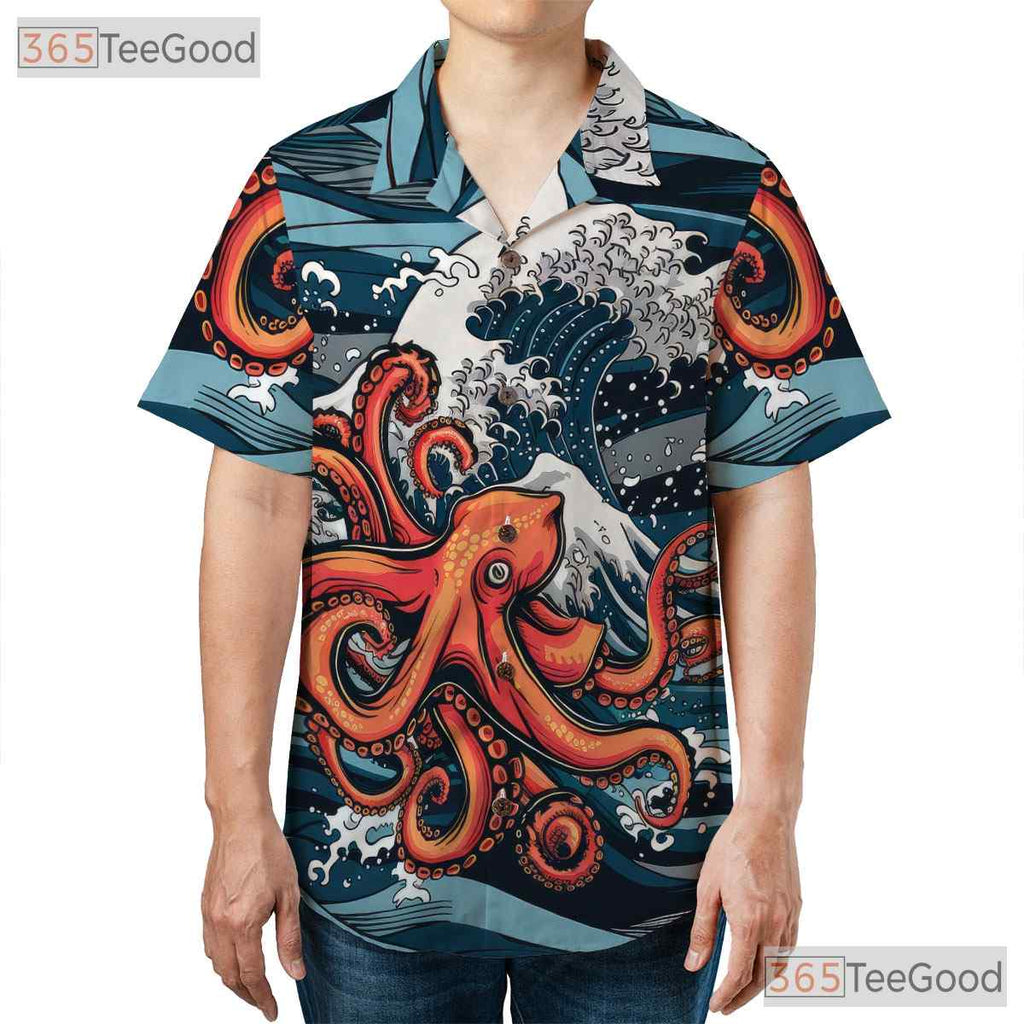 Japanese Wave Ocean Octopus Hawaiian Tee Unisex Print for Beach Festivals