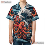 Japanese Wave Ocean Octopus Hawaiian Tee Unisex Print for Beach Festivals