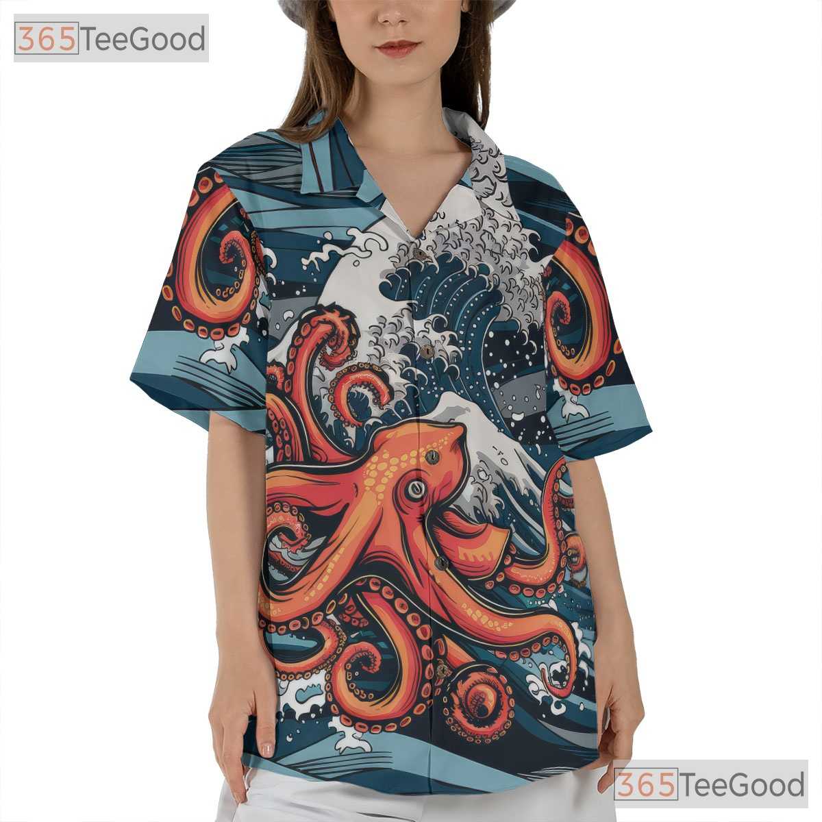 Japanese Wave Ocean Octopus Hawaiian Tee Unisex Print for Beach Festivals
