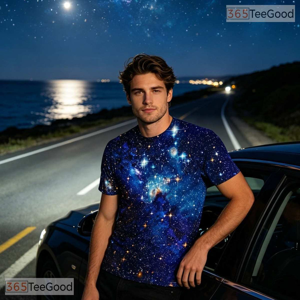 Royal Blue Cosmic Space Graphic Art 3D Printed Casual Unisex Short Sleeve Tee
