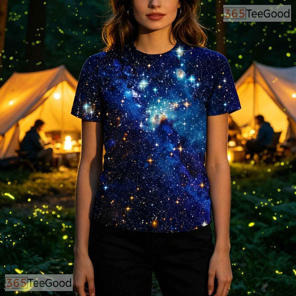 Royal Blue Cosmic Space Graphic Art 3D Printed Casual Unisex Short Sleeve Tee