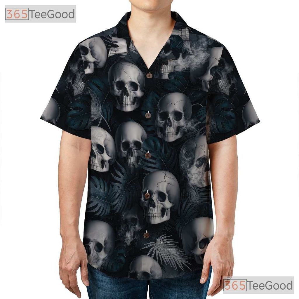 Men's Black Gothic Skull Hawaiian Tee - Dark Grunge Smoke Punk Rock Vibes