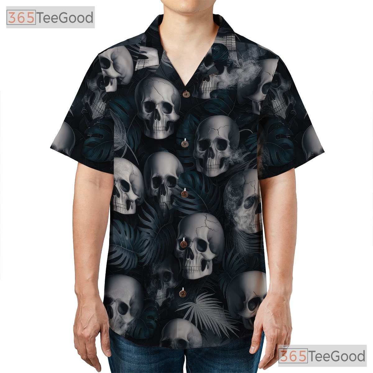 Men's Black Gothic Skull Hawaiian Tee - Dark Grunge Smoke Punk Rock Vibes