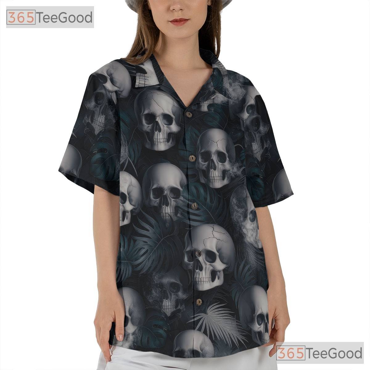 Men's Black Gothic Skull Hawaiian Tee - Dark Grunge Smoke Punk Rock Vibes