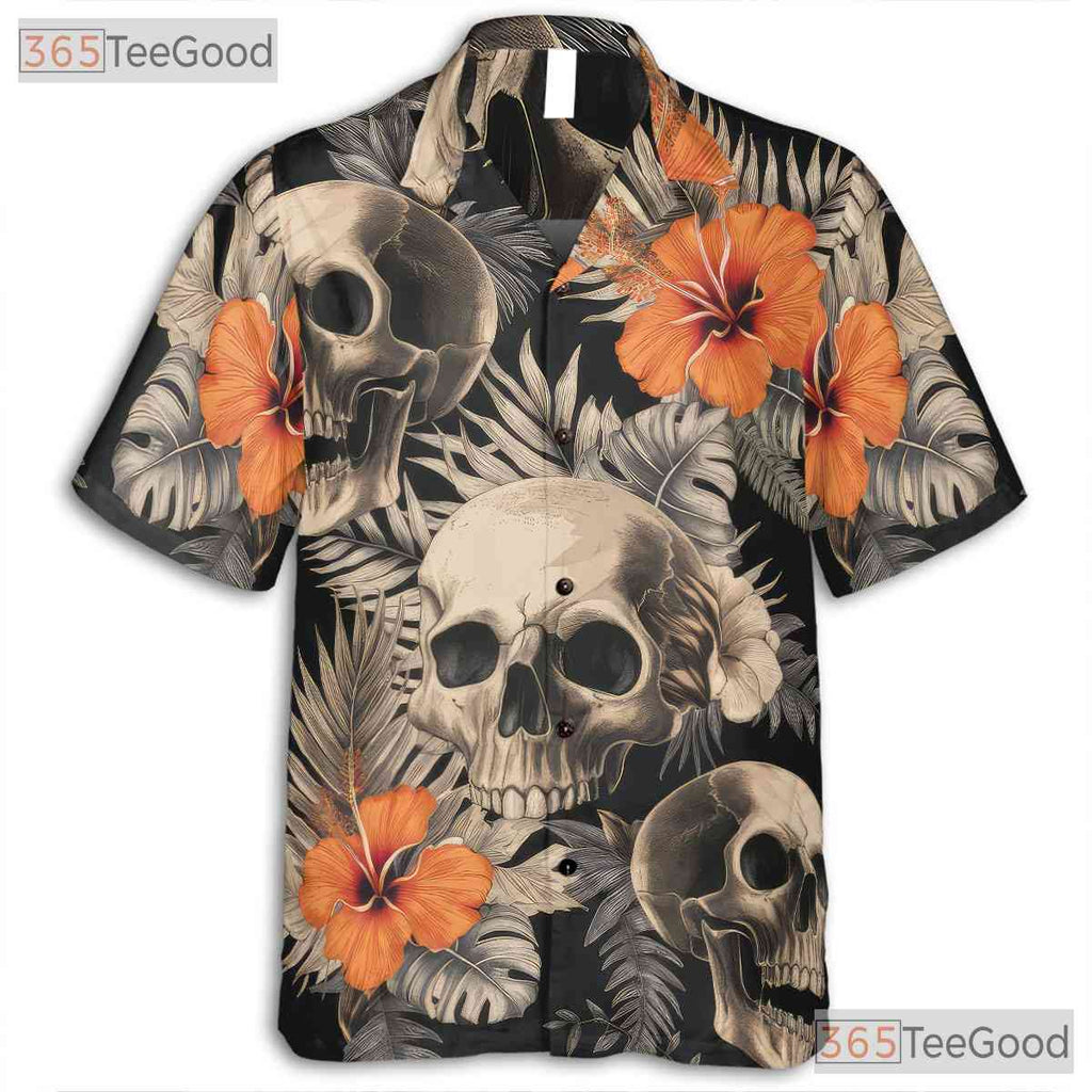 Men's Dark Skull Floral Hawaiian Shirt - Gothic Tropical Beach Outfit