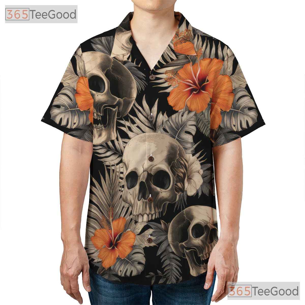 Men's Dark Skull Floral Hawaiian Shirt - Gothic Tropical Beach Outfit