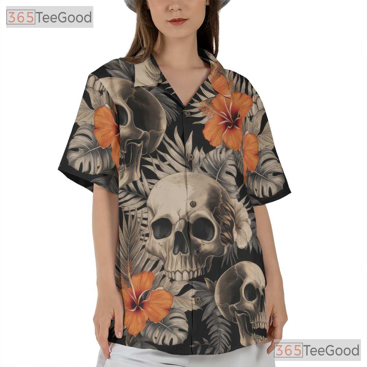 Men's Dark Skull Floral Hawaiian Shirt - Gothic Tropical Beach Outfit