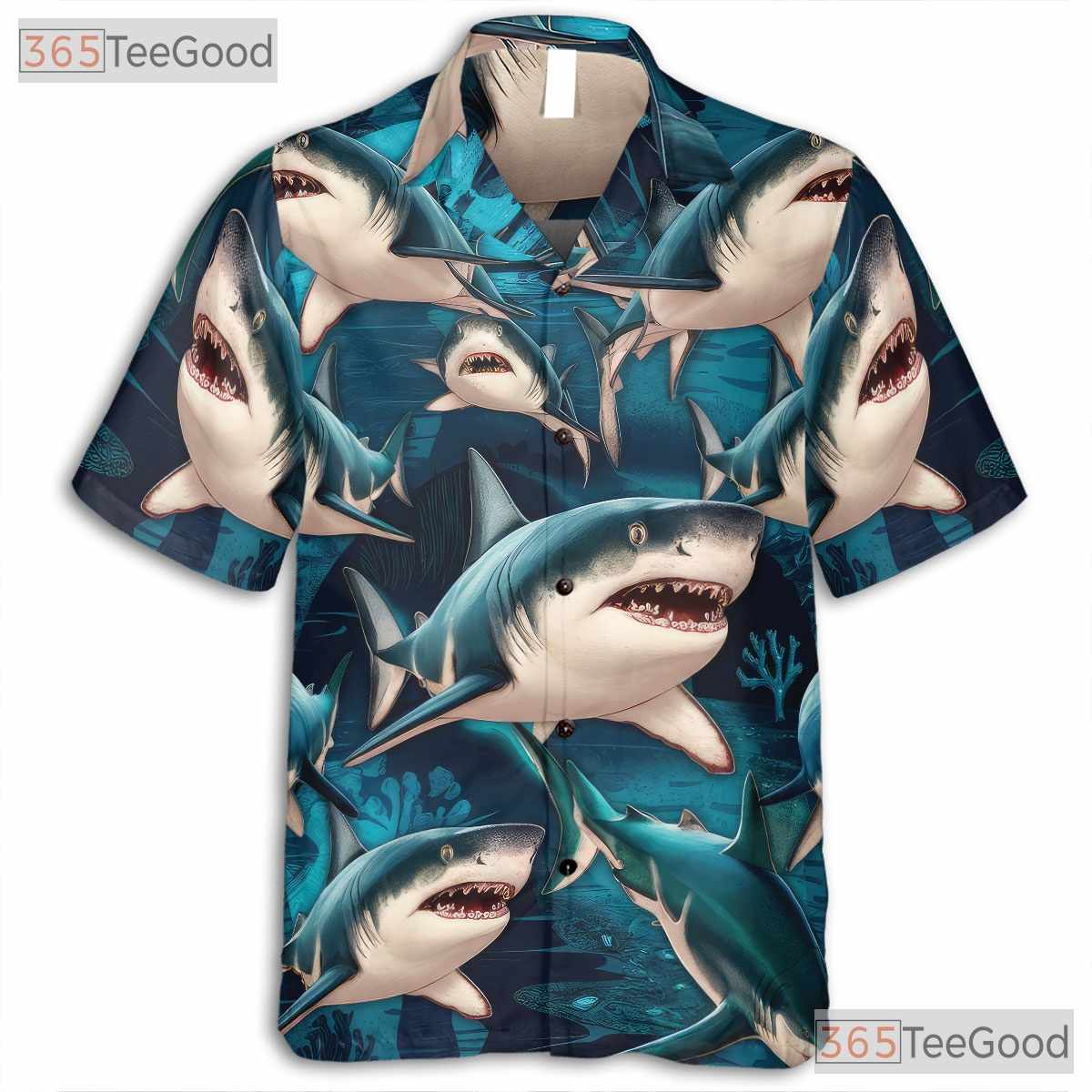 Men's Deep Sea Shark Hawaiian Shirt - Predator Ocean Surf Aloha Outfit