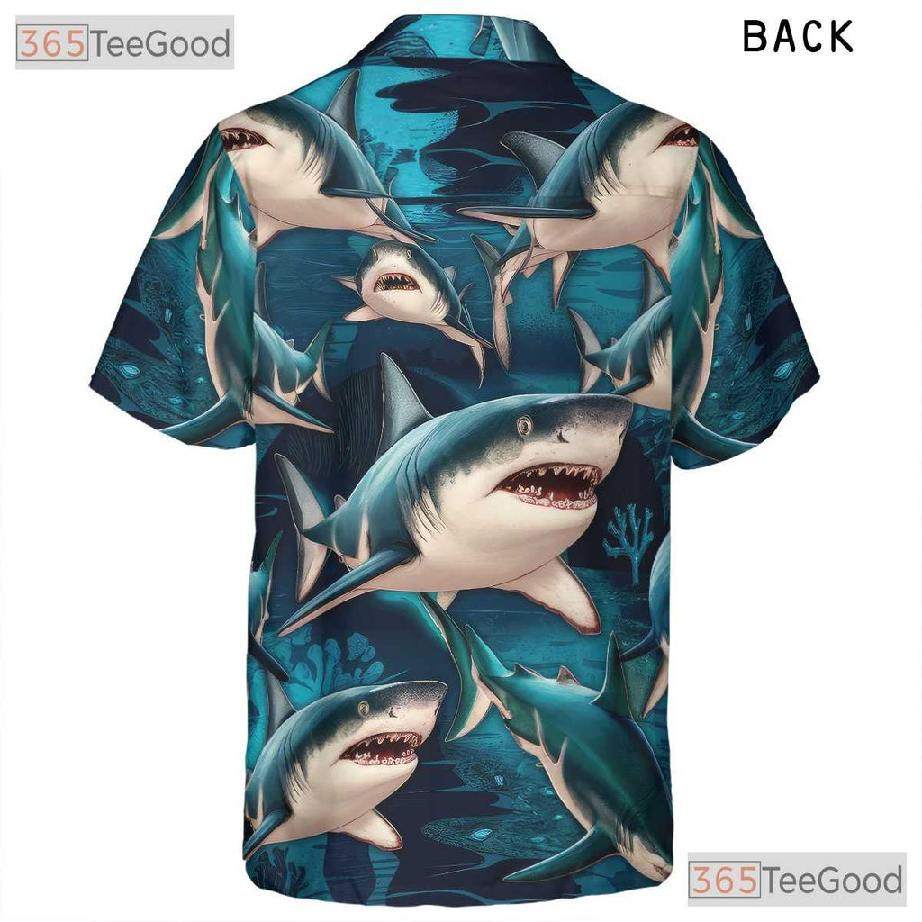 Men's Deep Sea Shark Hawaiian Shirt - Predator Ocean Surf Aloha Outfit