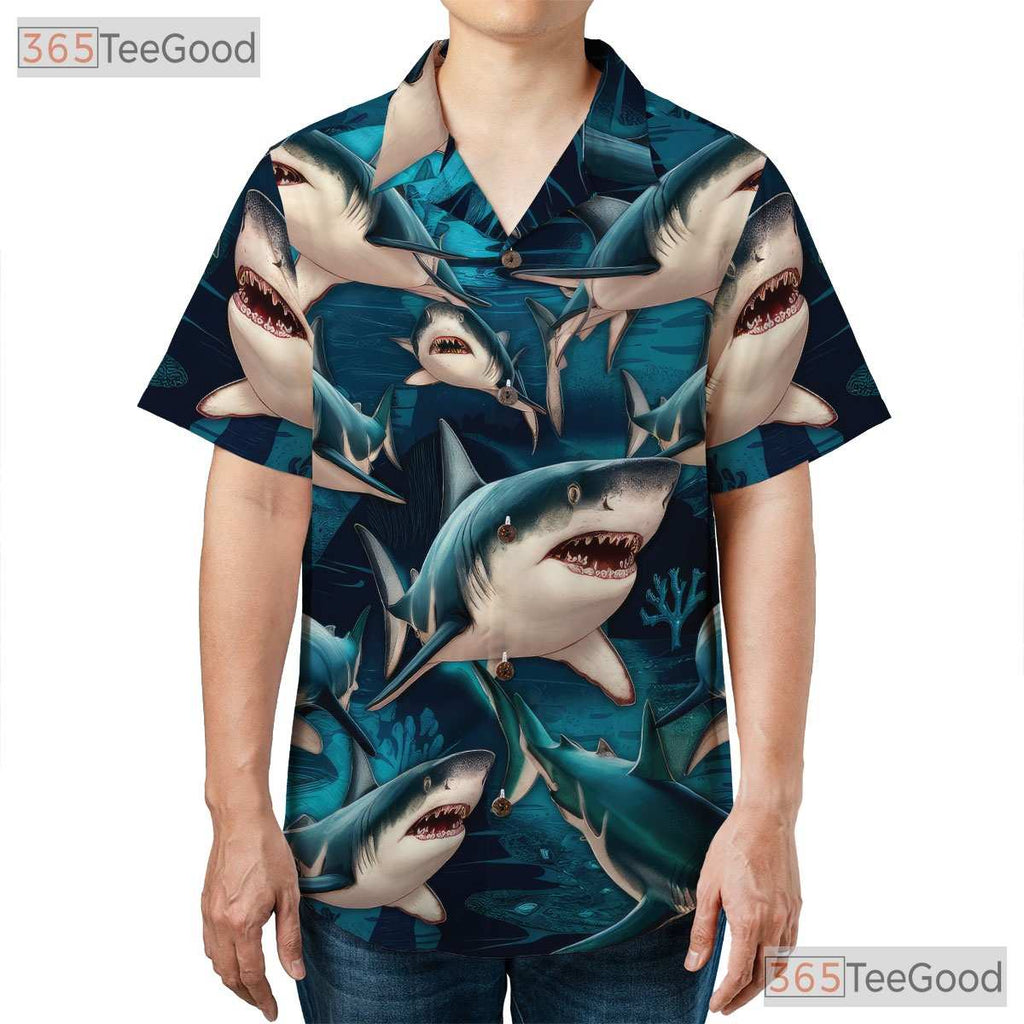 Men's Deep Sea Shark Hawaiian Shirt - Predator Ocean Surf Aloha Outfit