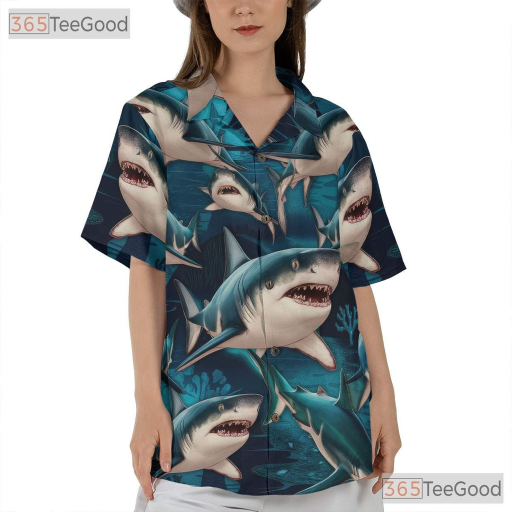 Men's Deep Sea Shark Hawaiian Shirt - Predator Ocean Surf Aloha Outfit