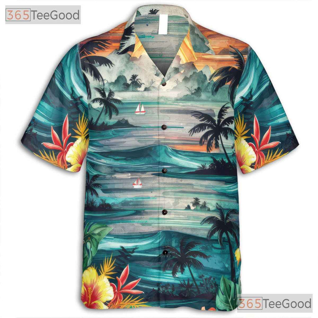 Men's Tropical Sunset Hawaiian Tee - Palm Trees Beach Vibe Outfit Aloha Shirt