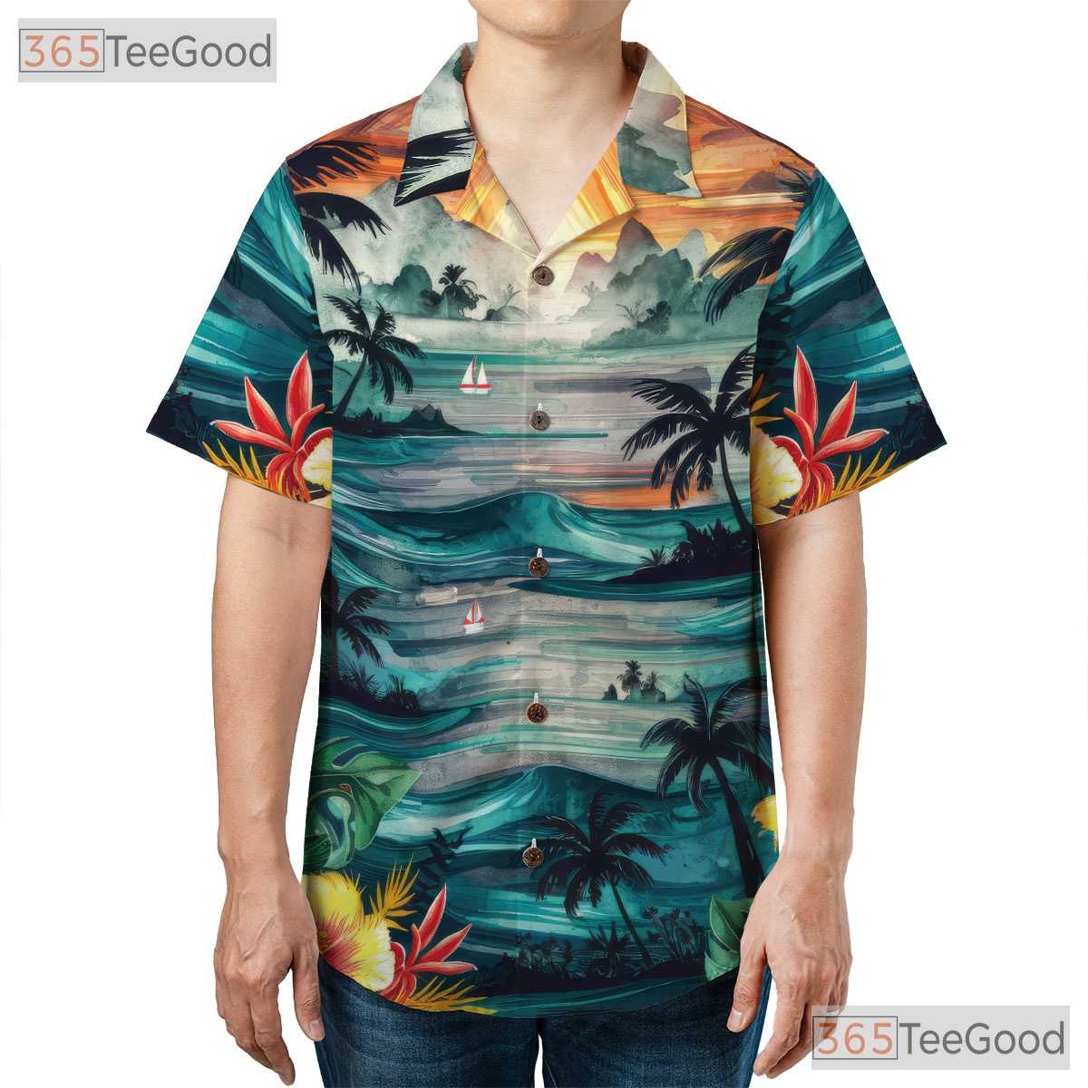 Men's Tropical Sunset Hawaiian Tee - Palm Trees Beach Vibe Outfit Aloha Shirt