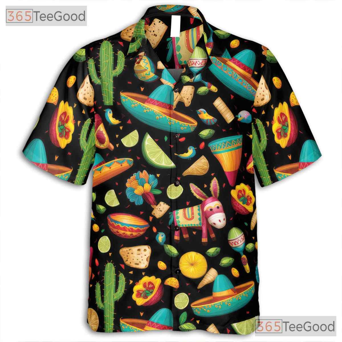 Mexican Fiesta Cactus Sombrero Pinata Hawaiian Tee Men Women Summer Party Top