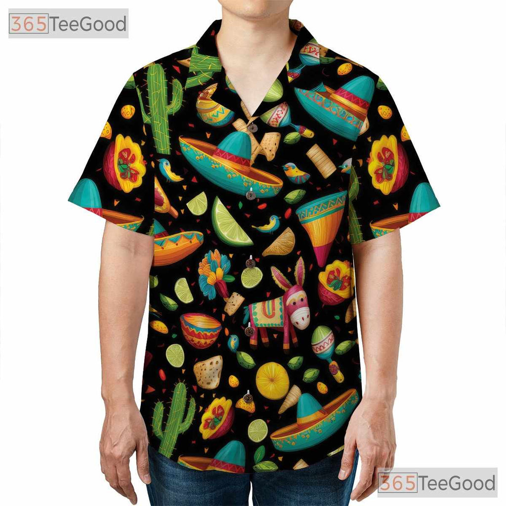 Mexican Fiesta Cactus Sombrero Pinata Hawaiian Tee Men Women Summer Party Top