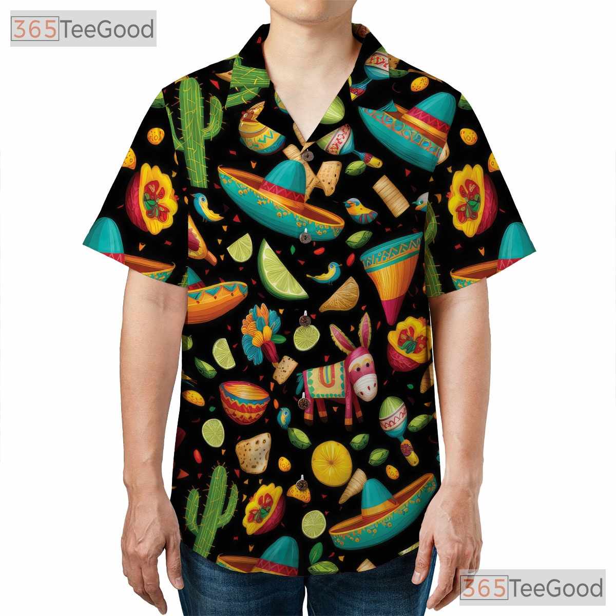 Mexican Fiesta Cactus Sombrero Pinata Hawaiian Tee Men Women Summer Party Top