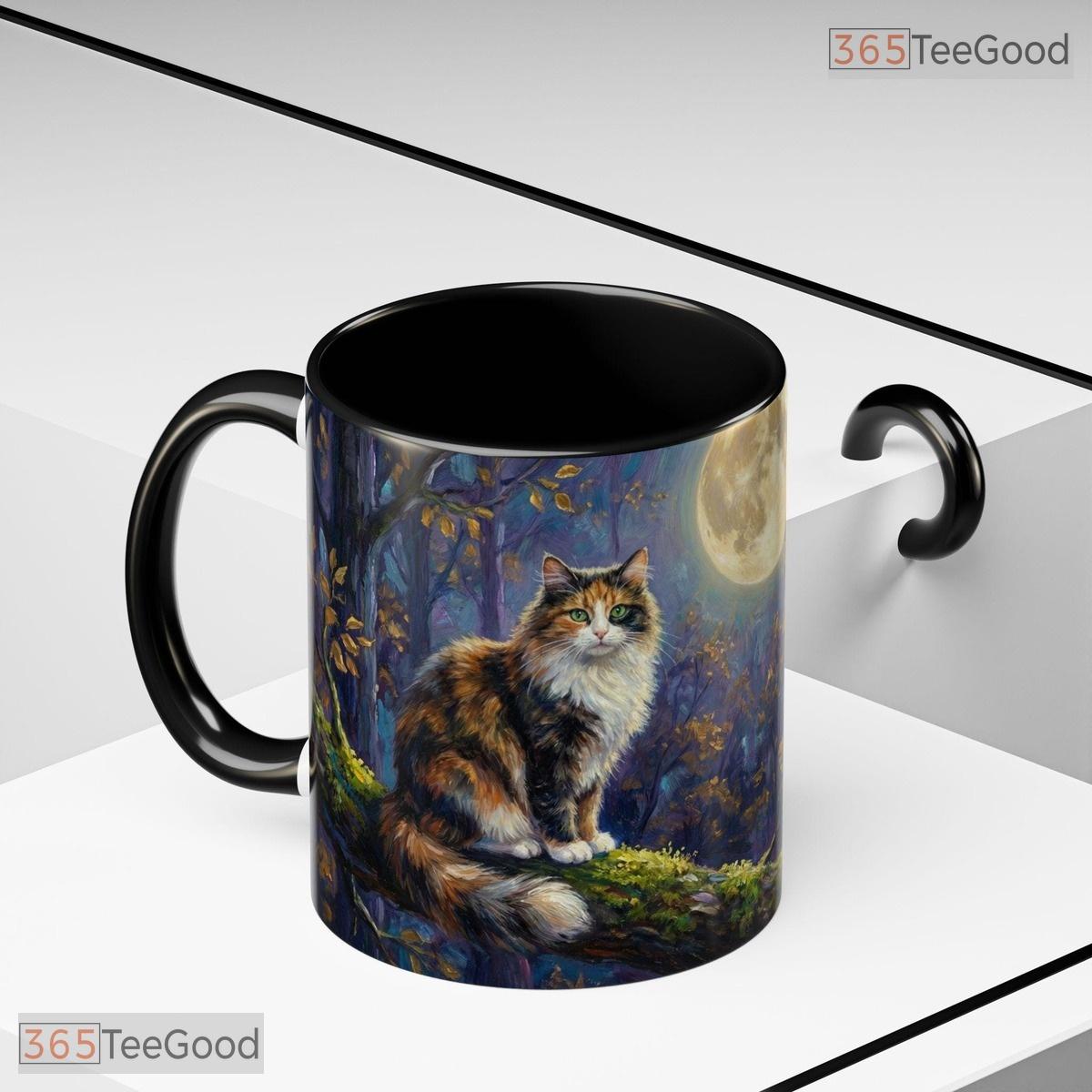 Moonlit Night Forest Cat Accent Mug - Celestial Celestial Aesthetic Ceramic Coffee Cup