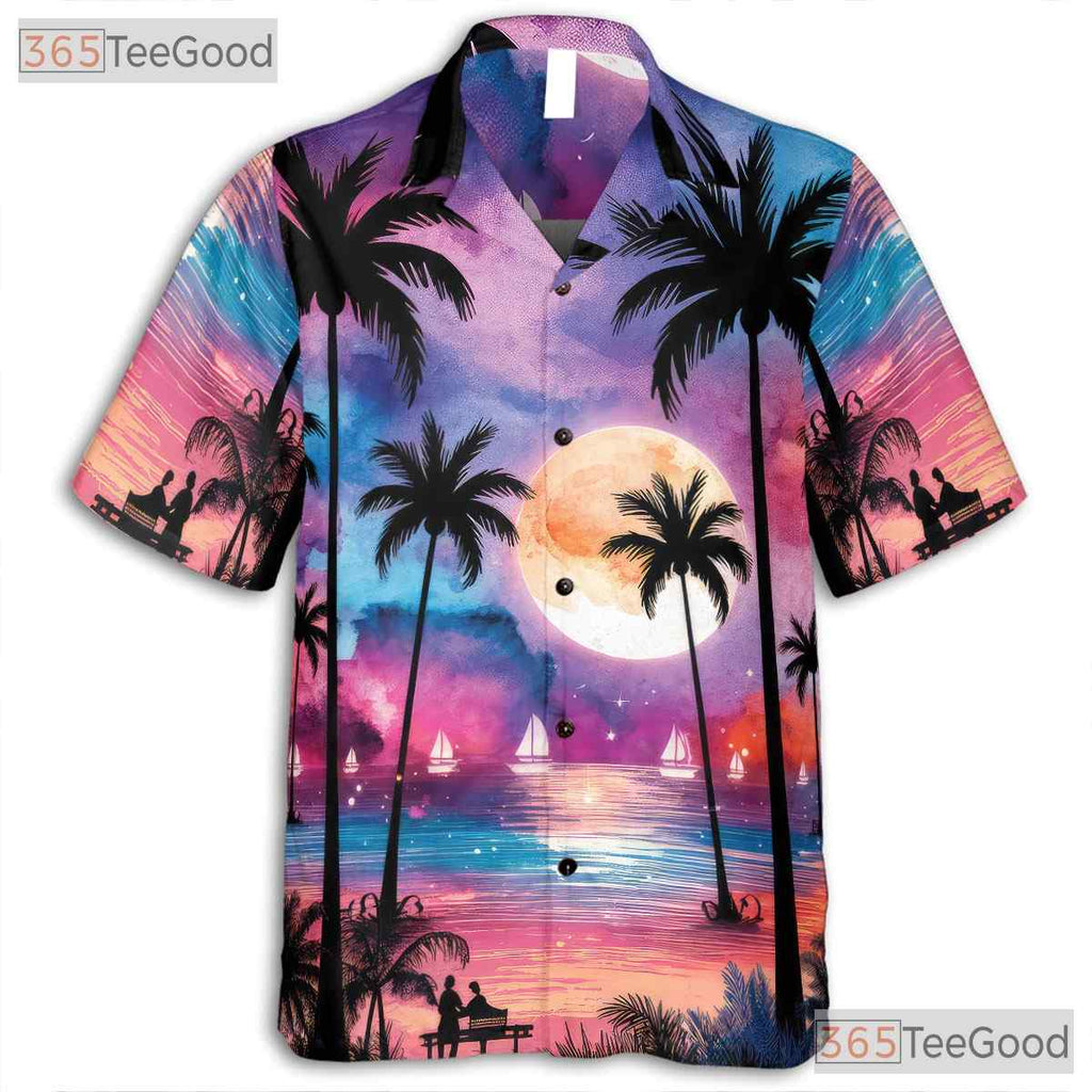 Moonlit Palm Tree Hawaiian Shirt for Men - Tropical Ocean Night Vacation Tee