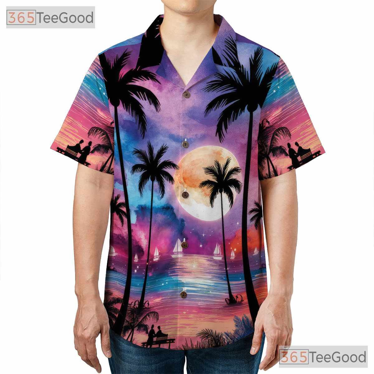 Moonlit Palm Tree Hawaiian Shirt for Men - Tropical Ocean Night Vacation Tee