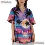 Moonlit Palm Tree Hawaiian Shirt for Men - Tropical Ocean Night Vacation Tee