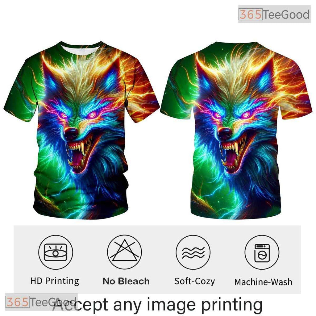 Multicolor Wild Wolf Funny Graphic Novelty 3D Printed Casual Unisex Tee Shirt Top