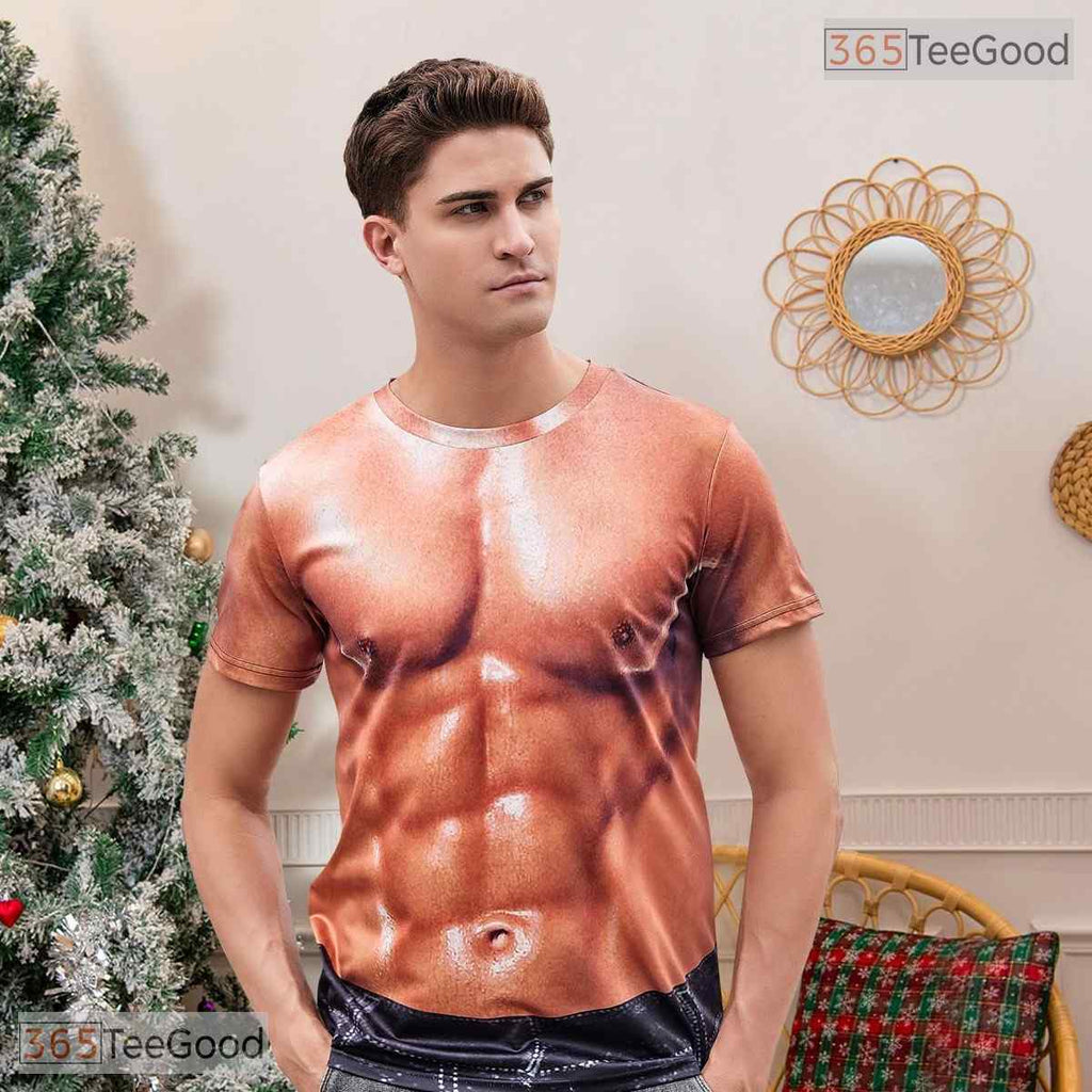 Shredded Fake Abs Muscle Chest 3D Novelty Costume Graphic Tee Men Women