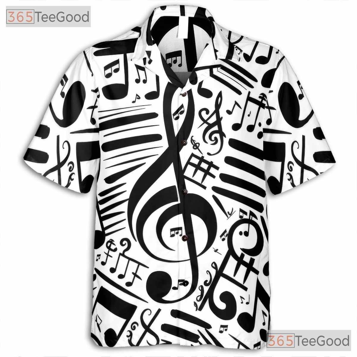 Music Notes Treble Clef Black White Jazz Band Casual Hawaiian Shirt Unisex