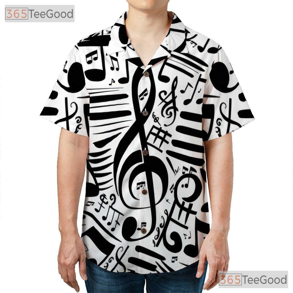 Music Notes Treble Clef Black White Jazz Band Casual Hawaiian Shirt Unisex