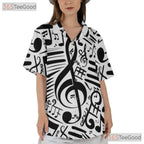 Music Notes Treble Clef Black White Jazz Band Casual Hawaiian Shirt Unisex