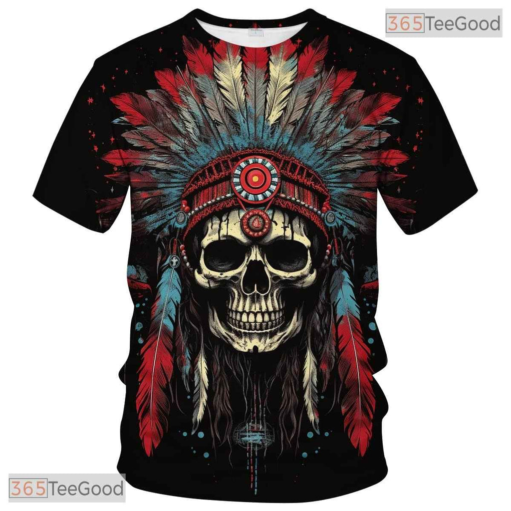 Native American Indian Chief Skull Headdress Hip Hop 3D Graphic Unisex Tee Shirt