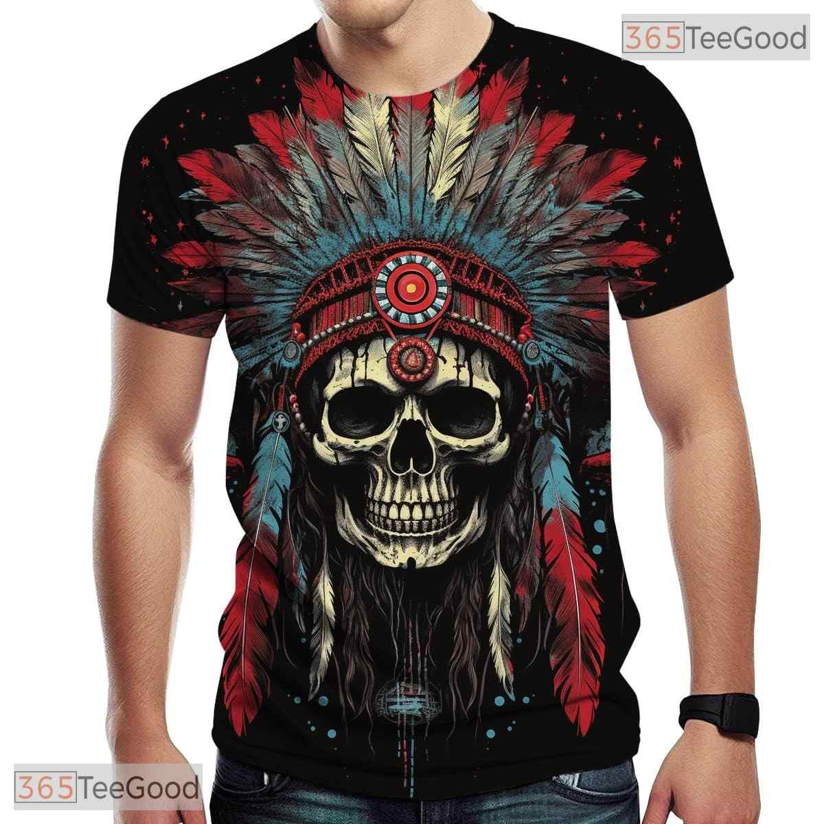 Native American Indian Chief Skull Headdress Hip Hop 3D Graphic Unisex Tee Shirt
