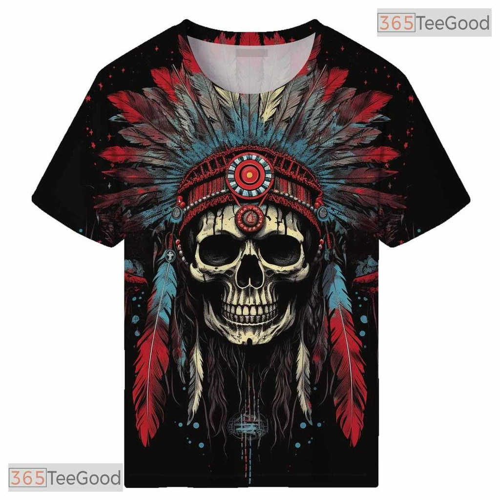 Native American Indian Chief Skull Headdress Hip Hop 3D Graphic Unisex Tee Shirt