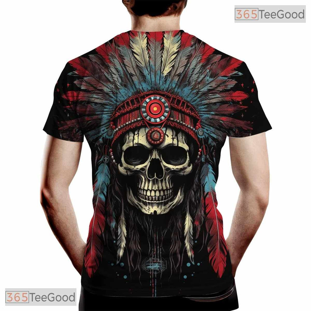 Native American Indian Chief Skull Headdress Hip Hop 3D Graphic Unisex Tee Shirt