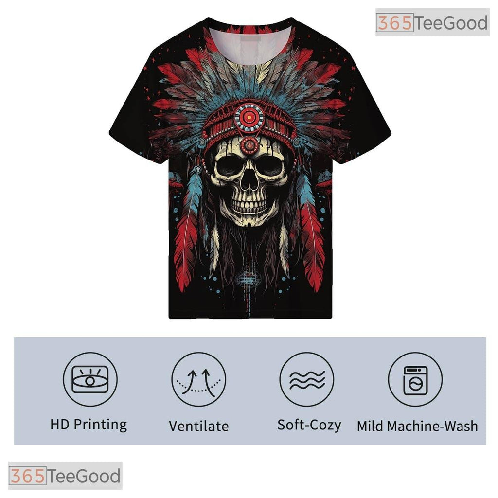 Native American Indian Chief Skull Headdress Hip Hop 3D Graphic Unisex Tee Shirt